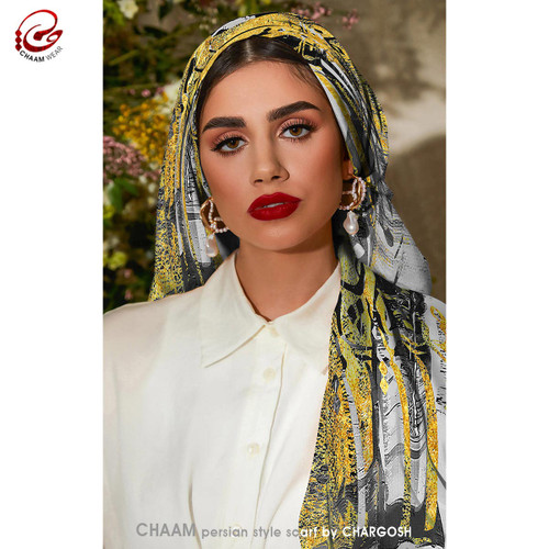 شال مدرن و هنری ایرانی چام با شعر در هر نگهت مستی صد جام شراب است از گالری چارگوش 1136