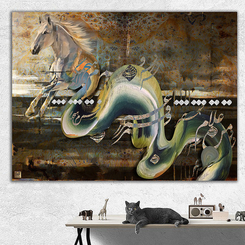 تابلو نقاشی اسبی در حال دویدن در دشت و میان شعر من غلام غمرم مولانا مدل 22312